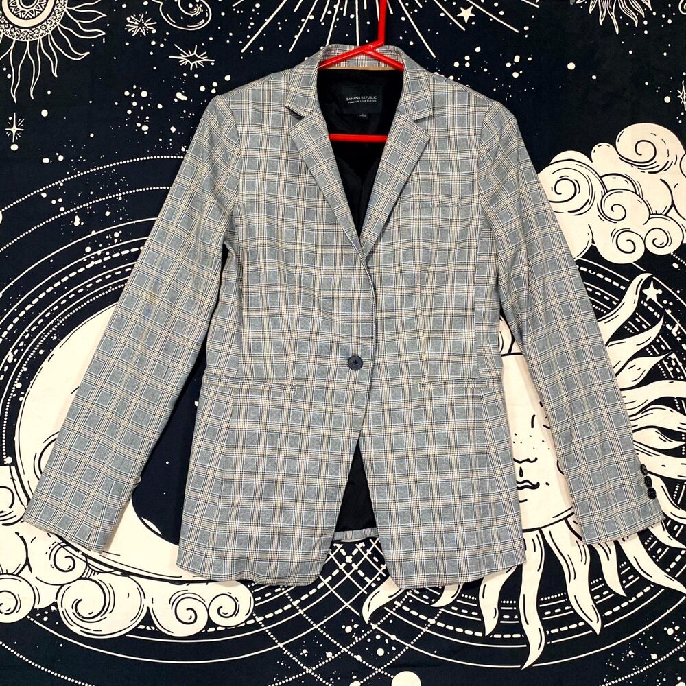 Banana Republic Suit Jacket Blazer Women's 4 Gray Plaid Single-Vented Stretch